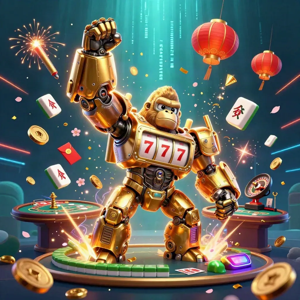 Golden gorilla mech with monkey pilot amid neon casino magic, lanterns, coins, and underwater light rays
