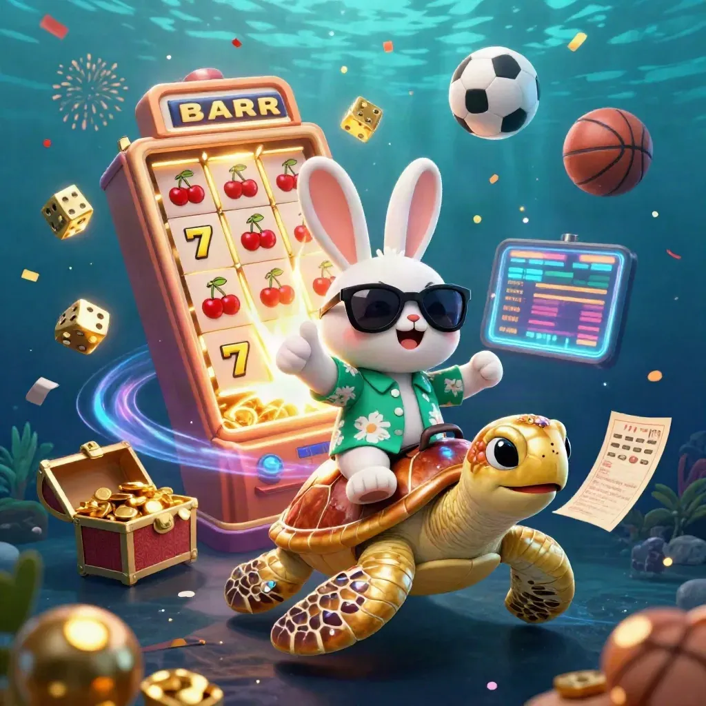 Lucky rabbit on golden sea turtle amid slot symbols, balls, dice and gold in neon underwater glow