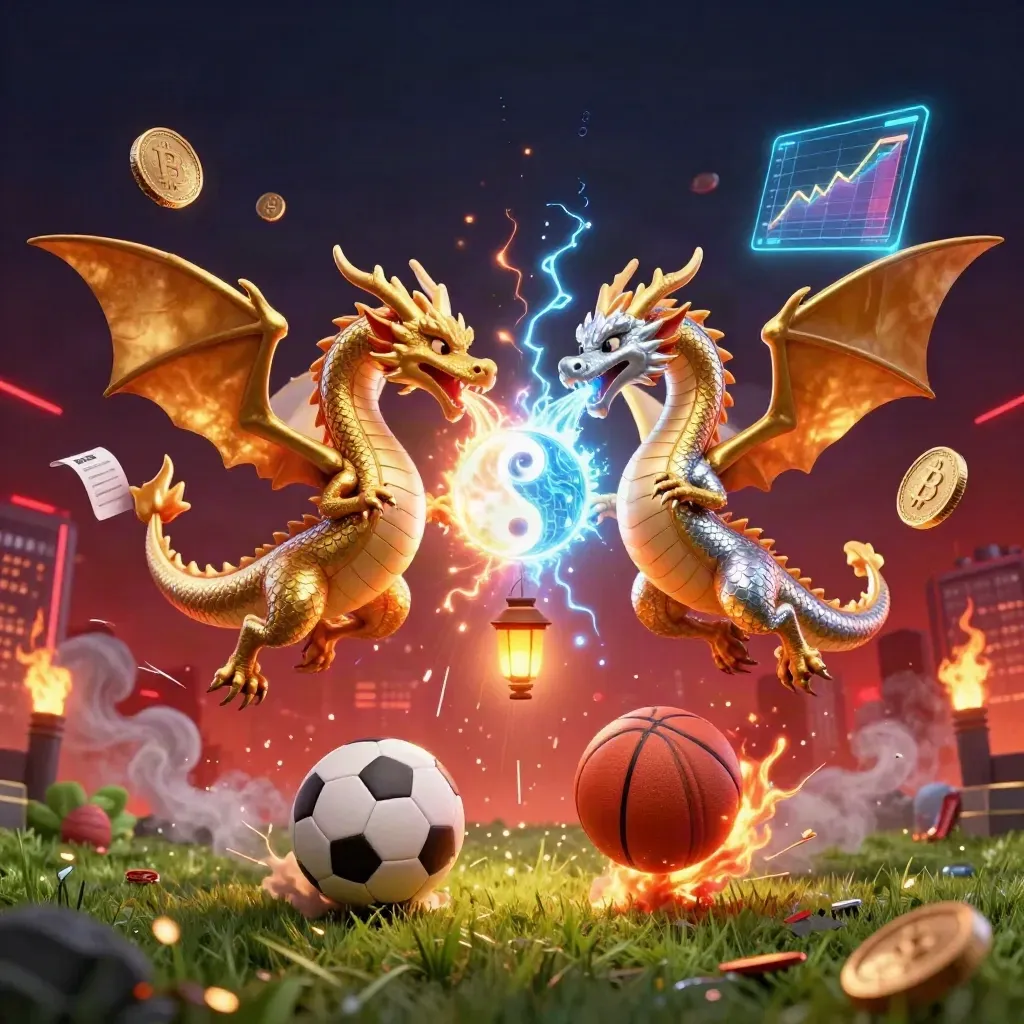 Gold and silver dragons twist above a soccer ball, crypto coins, and neon casino effects in a dark skyline.