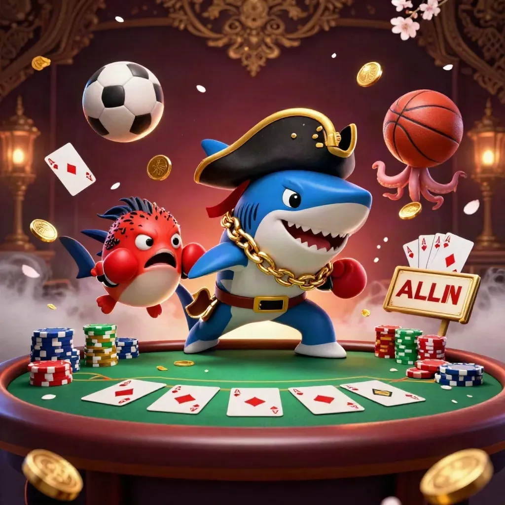 Pirate shark, pufferfish, and octopus amid casino chips, coins, and glowing sports balls.