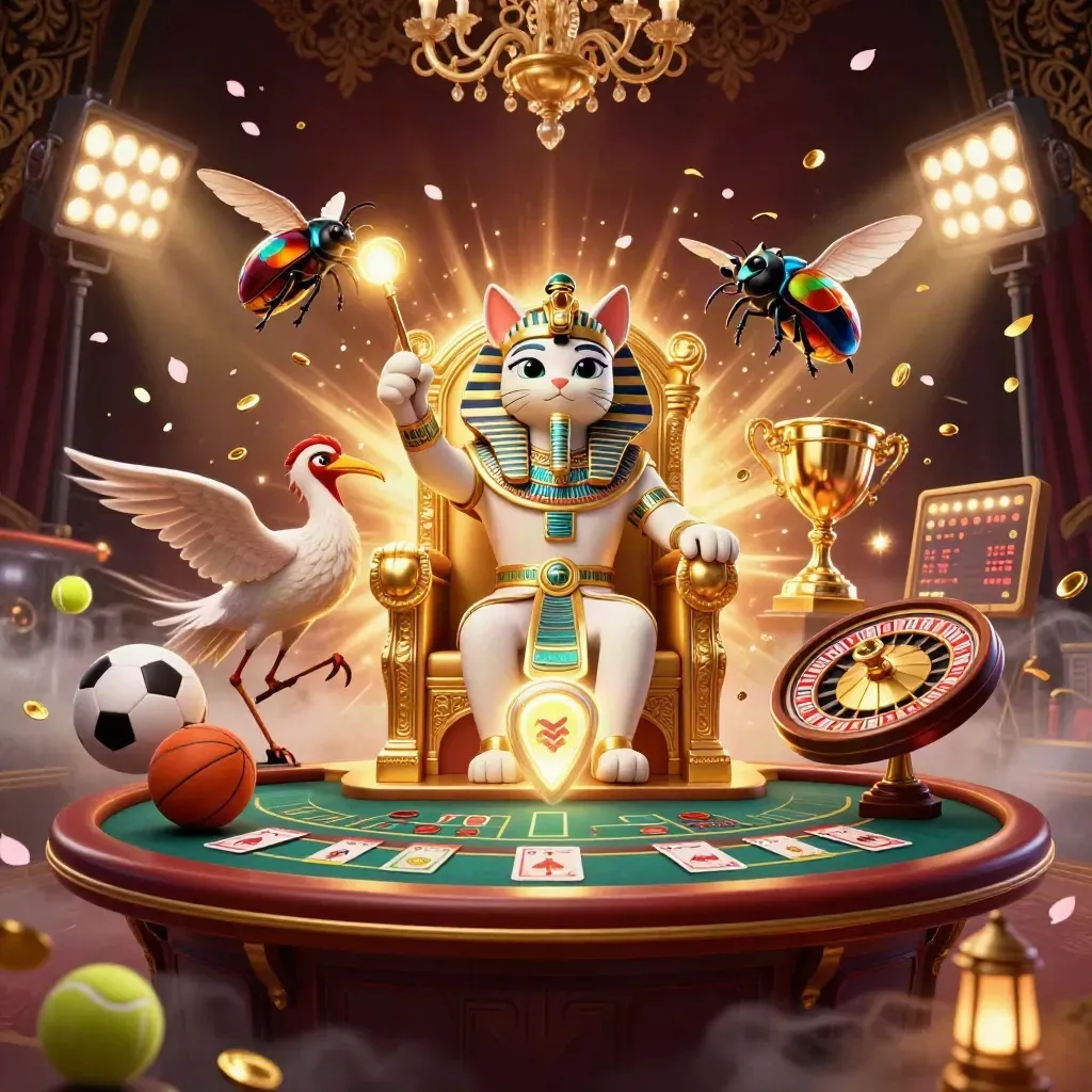 Pharaoh cat, ibis scribe, scarab beetles, casino and sports icons in luxe gold-and-blue key art.