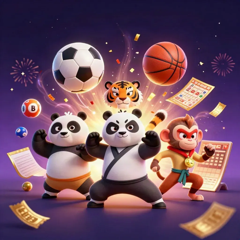 Tiger, panda and monkey pose amid casino game bursts, lottery balls and neon fireworks.