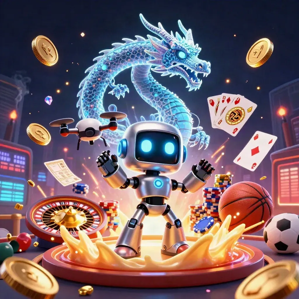 Cyberpunk robot, holographic dragon and coin drone amid flying sports balls, chips and gold light.