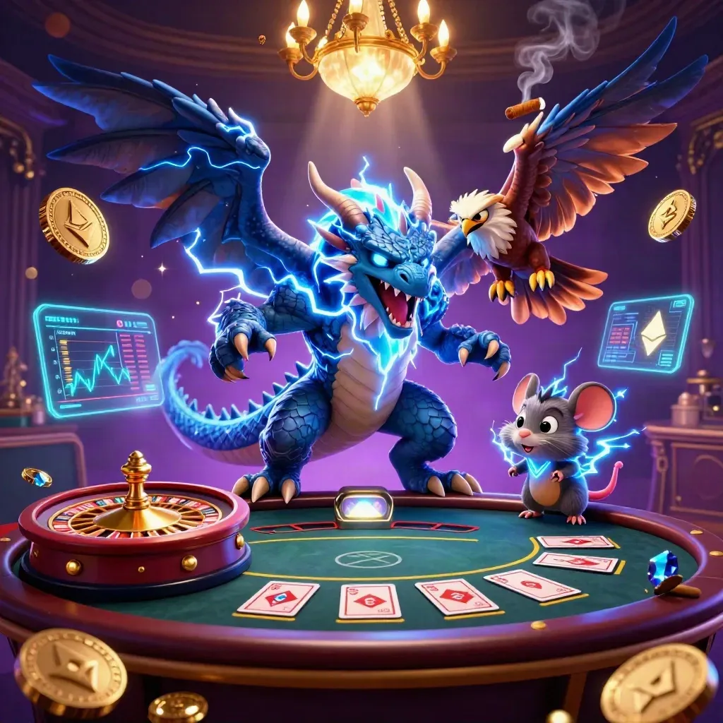 Thunder dragon, wind hawk and static mouse in a luxe neon casino with coins, lightning and tables.