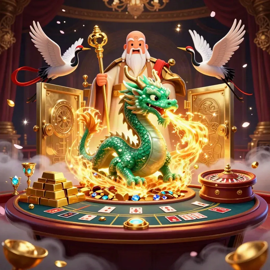 Emerald dragon, turtle sage, and cranes before a glowing vault in a luxe casino scene.