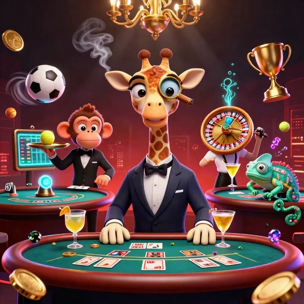 Giraffe, monkey valet and chameleon bartender amid casino glamour, balls, coins and neon effects.