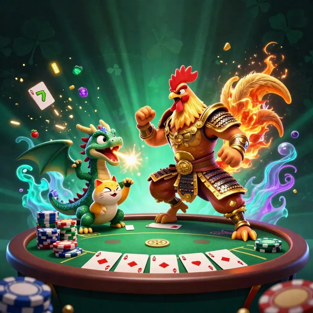 Rooster warrior, dragon hatchling and fortune cat amid casino chips and emerald glow.
