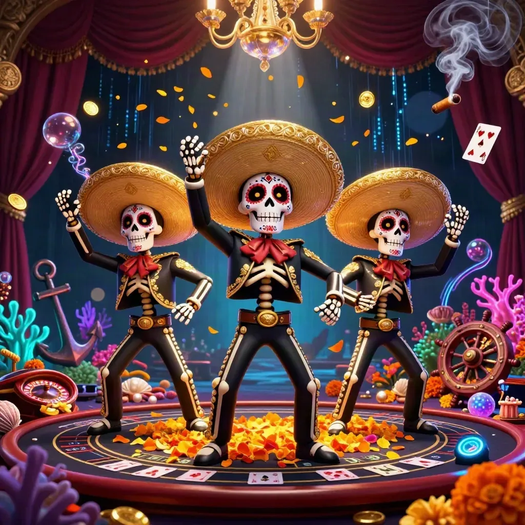 Sugar-skull mariachi skeleton trio amid treasure cove, casino glow, and gold damask