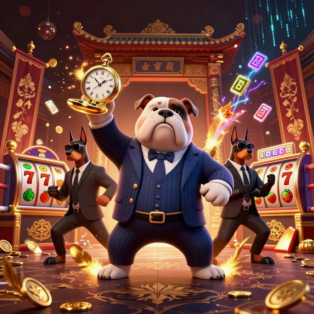 Bulldog boss and Doberman guards amid gold bursts, neon energy, and casino motifs.
