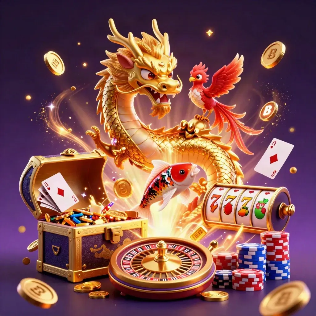 Golden dragon, phoenix, and koi with casino treasures bursting in a neon starfield.