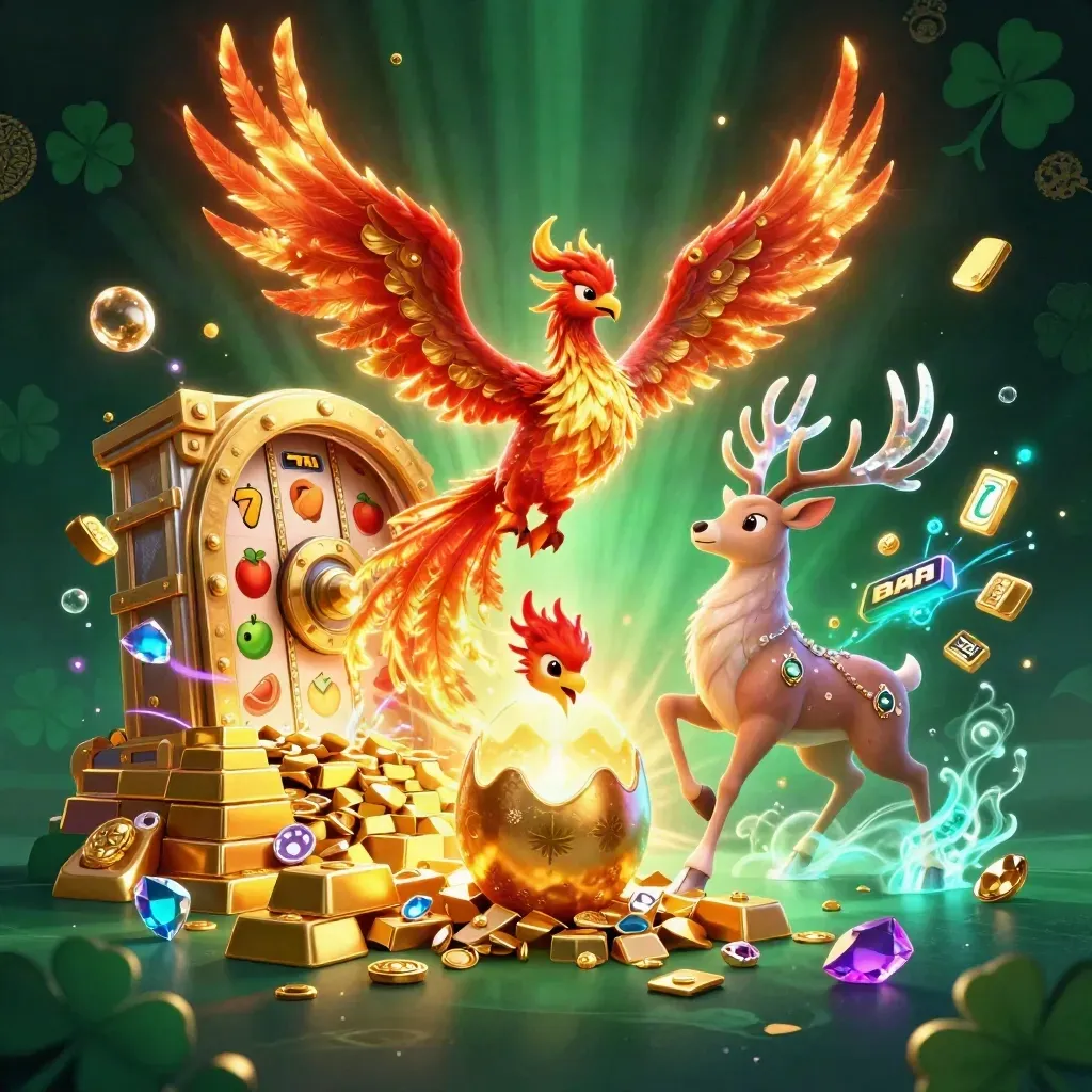 Fire phoenix, baby hatchling, and crystal-antler stag burst from a golden vault amid casino loot.