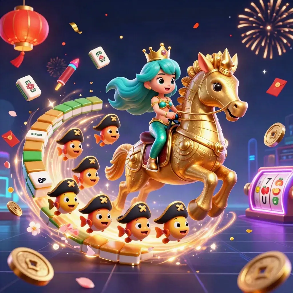 Mermaid princess on armored seahorse with pirate fish amid casino magic and neon treasure burst