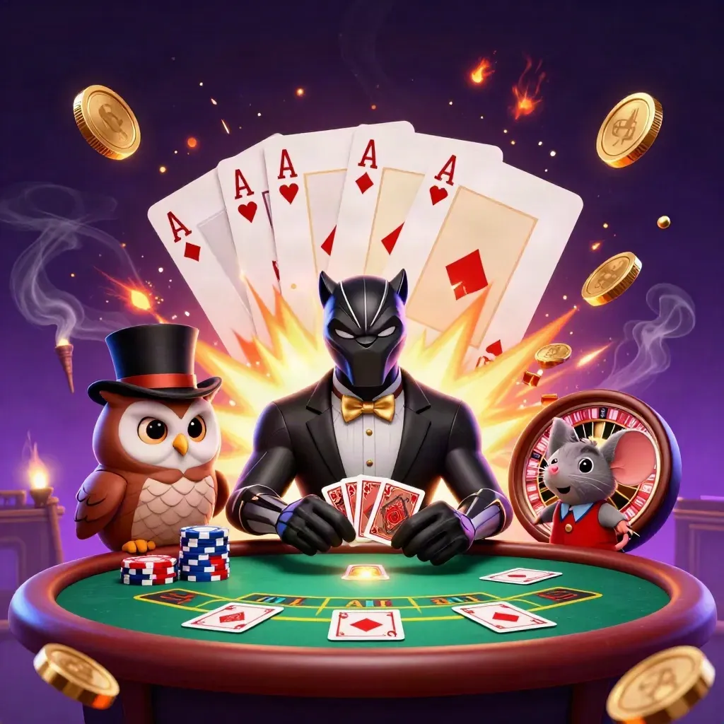 Panther, owl, and mouse amid chips, cards, coins, fireworks, and neon casino glow.