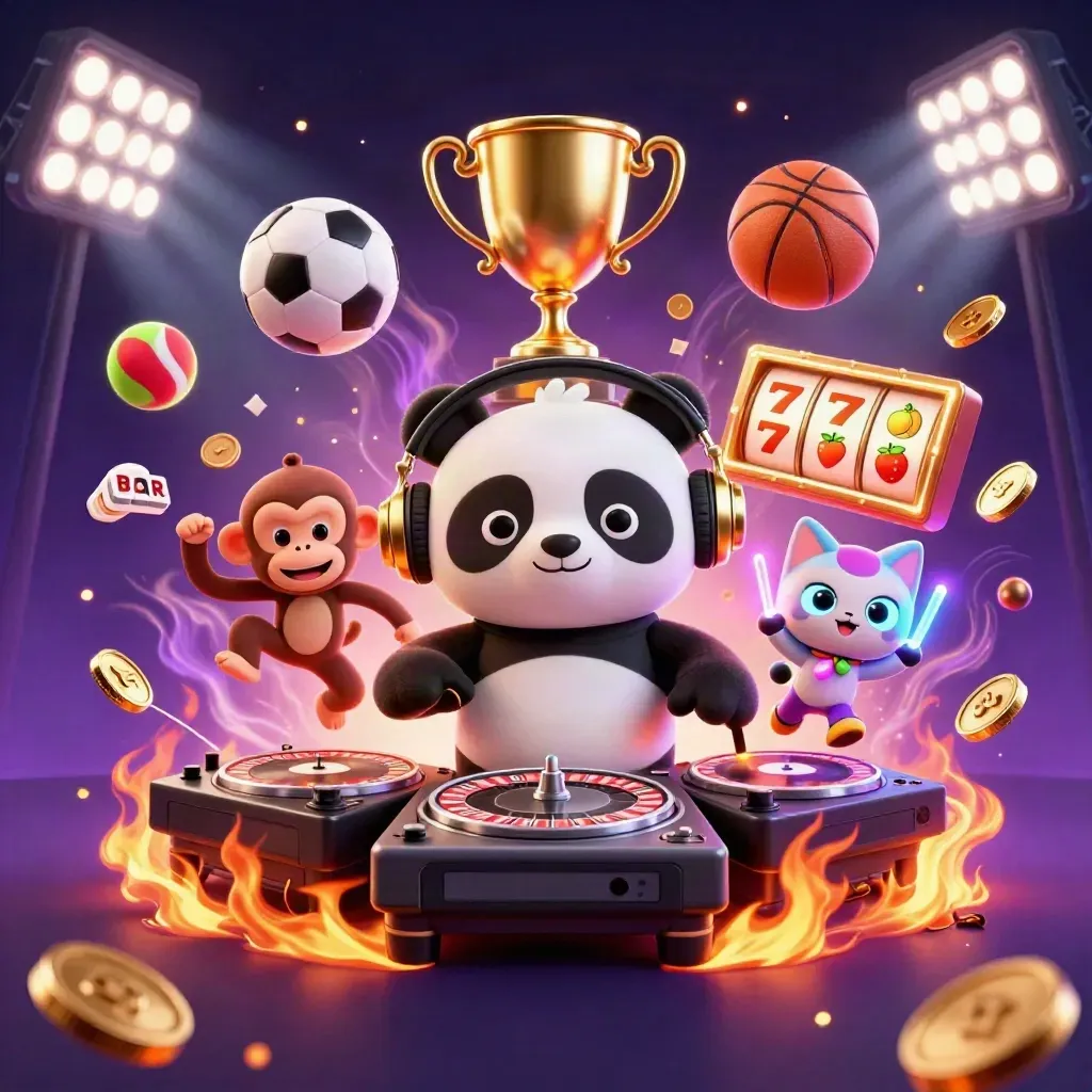 DJ panda, monkey, and glow-stick kitten in a neon casino party burst