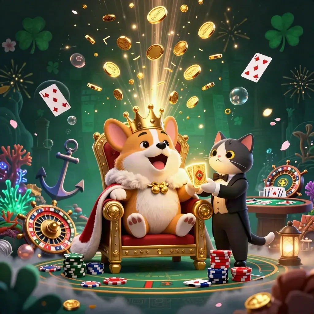 Royal corgi and cat butler amid coins, treasure, roulette, and neon casino magic.