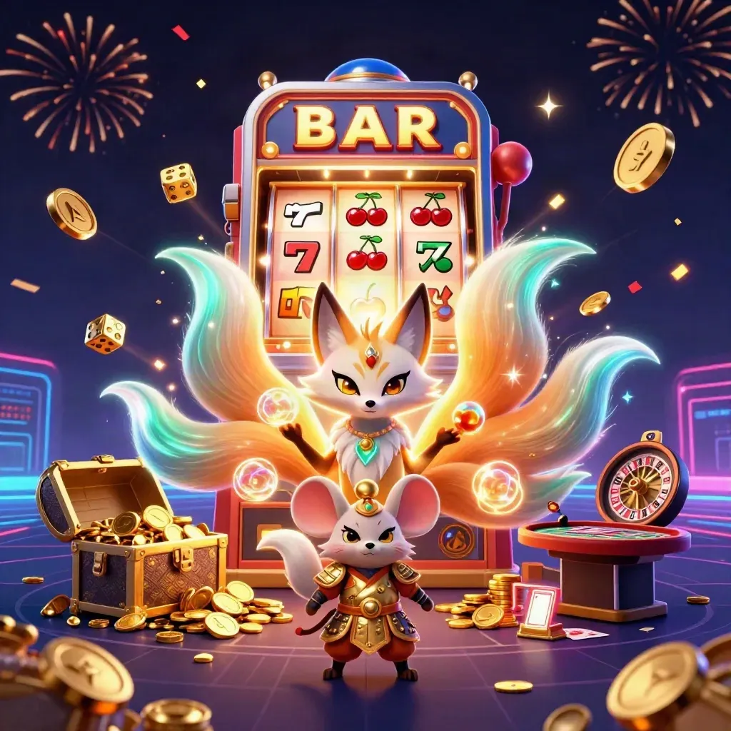 Fox spirit and armored mouse amid slot burst, coins, fireworks, and casino table on a neon midnight backdrop.