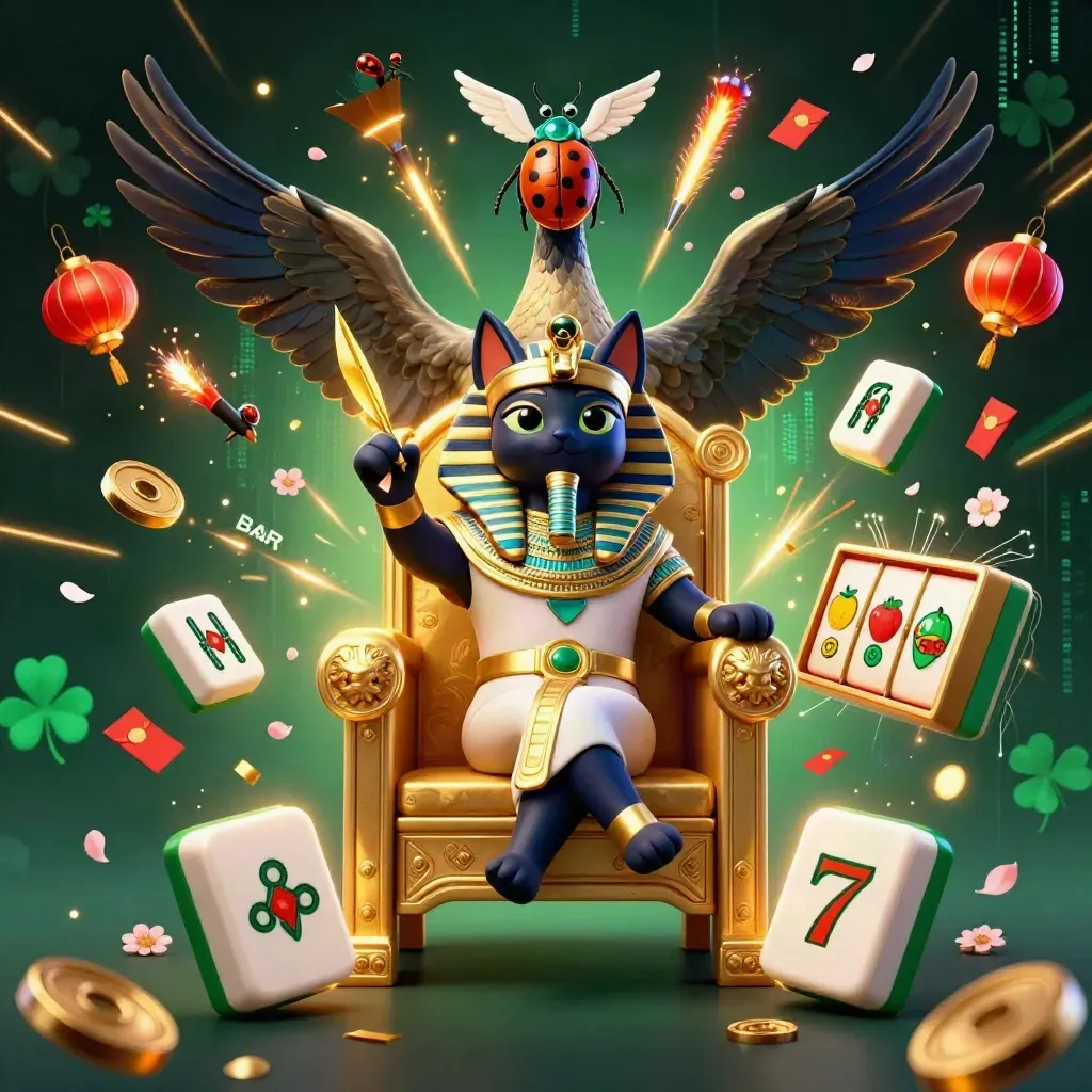 Pharaoh cat on a gold throne with ibis, scarabs, casino symbols, glowing green-black backdrop