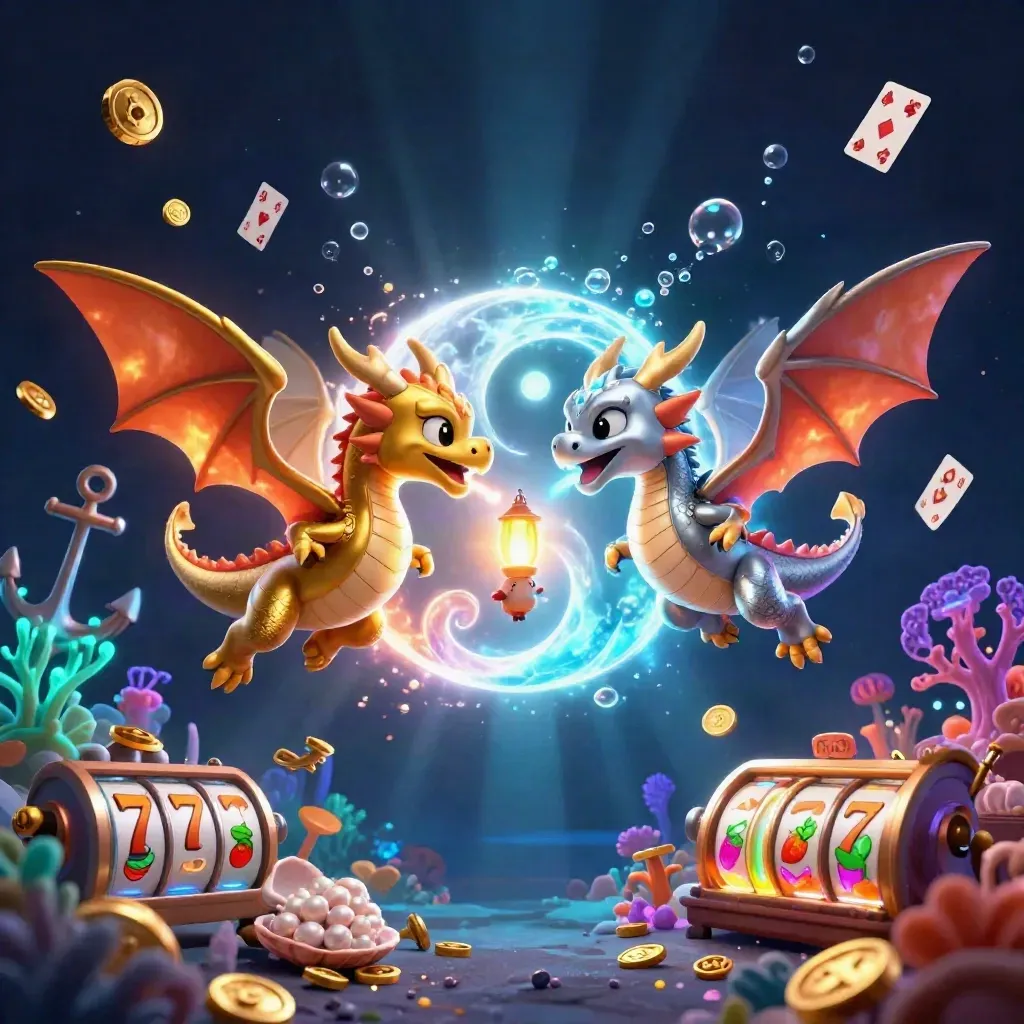 Twin gold and silver dragons spiral in a glowing treasure cove with casino symbols and bubbles.
