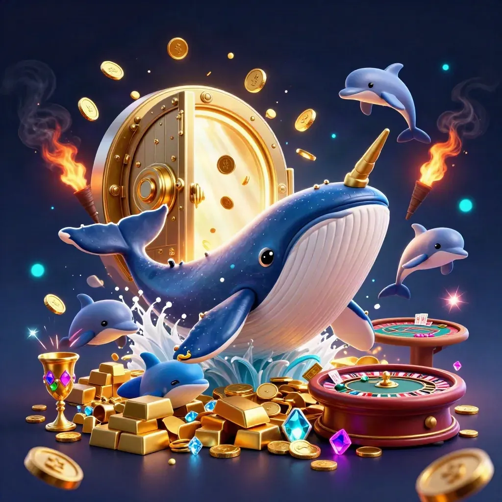 Whale captain, narwhal and dolphins burst from a coin vault with casino lights.
