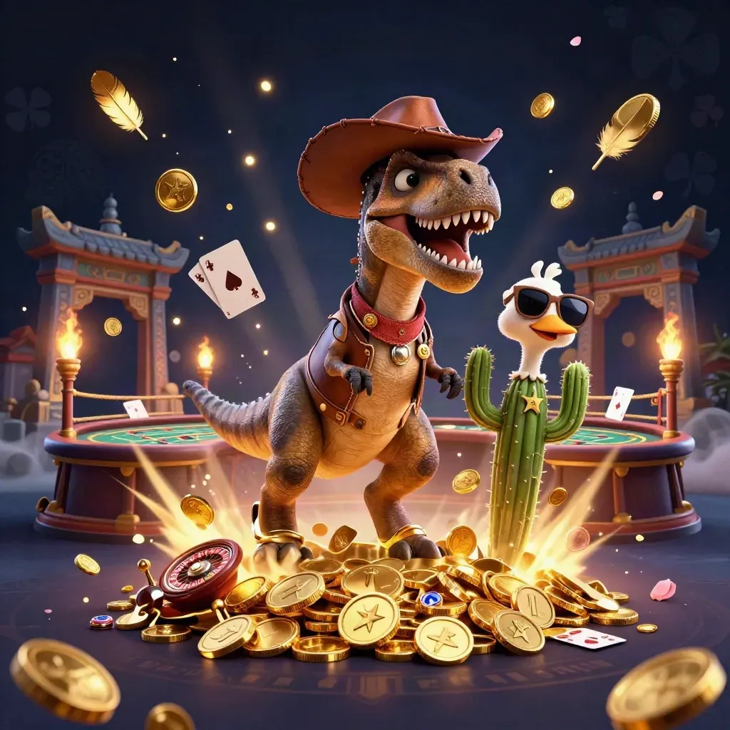 Cowboy T-Rex, cactus sidekick, and sheriff roadrunner amid coin blasts, roulette spin, and casino fireworks.