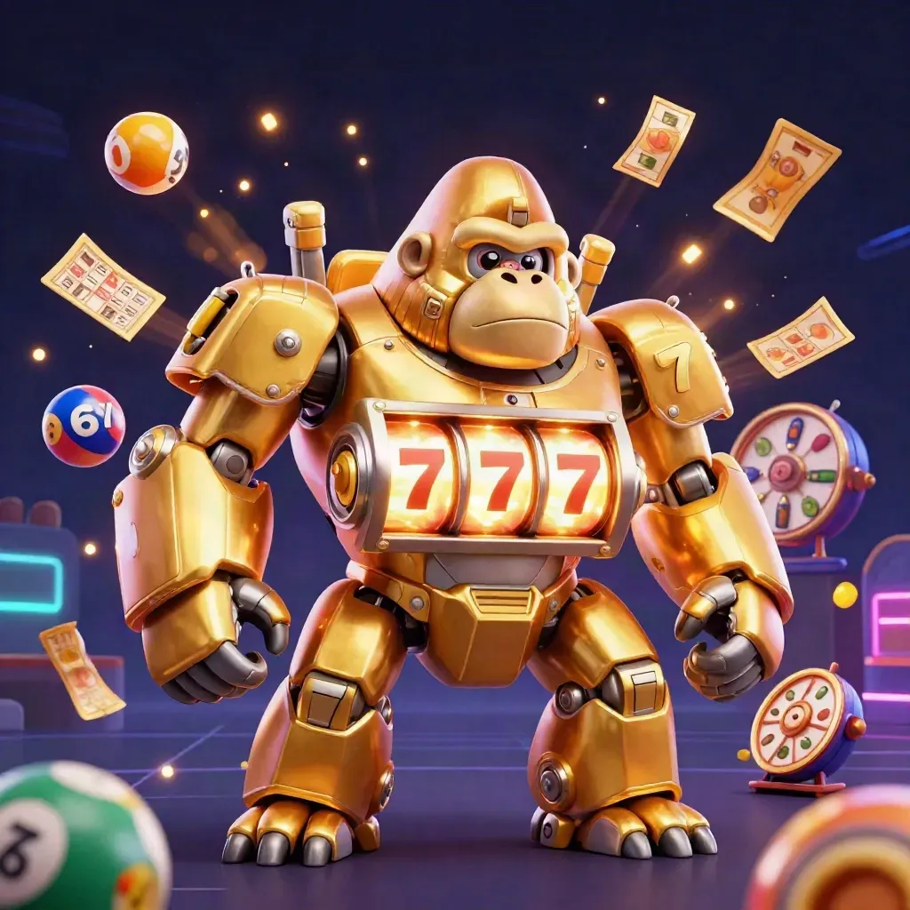 Golden gorilla mech with a tiny pilot, reels, lottery balls, prize wheel, tickets, and neon casino glow.