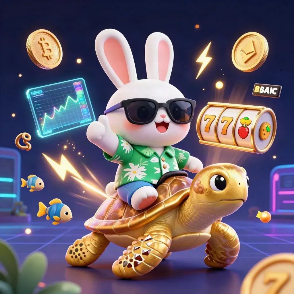 Lucky rabbit on jeweled sea turtle amid casino coins, reels, and neon effects