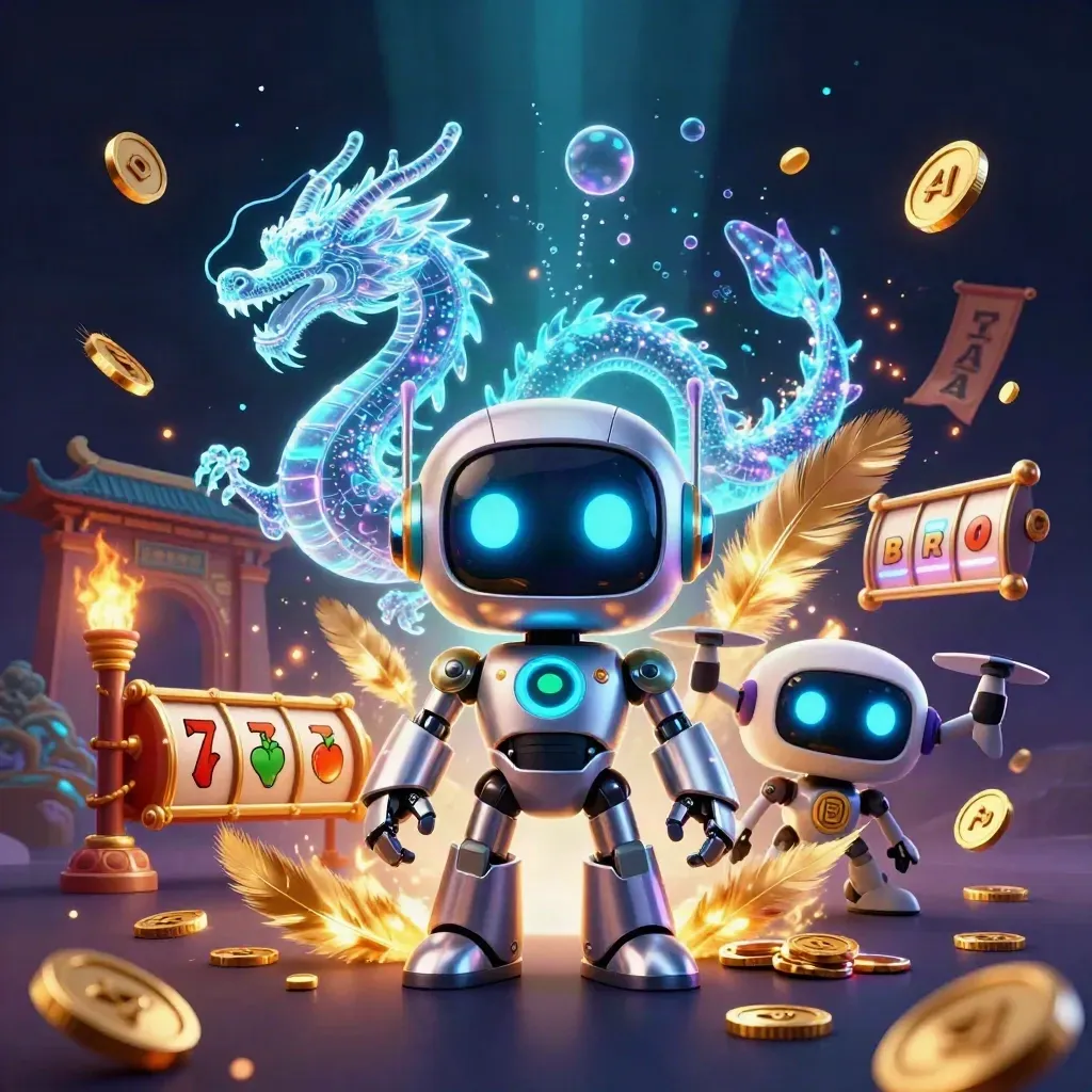 Robot mascot, holographic dragon and coin drone amid neon casino relics and glowing symbols.