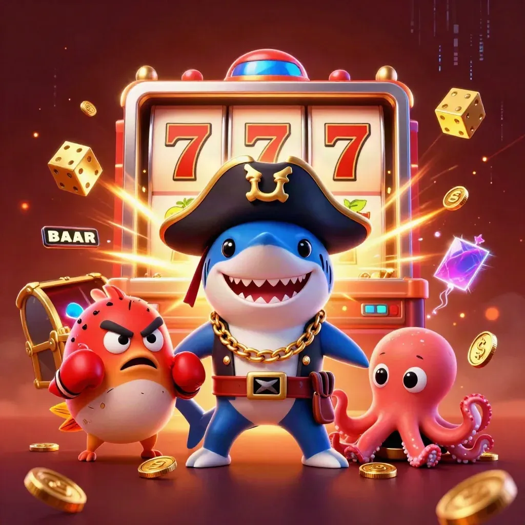 Pirate shark, boxing pufferfish, and coin-juggling octopus amid bursting jackpot slot effects.